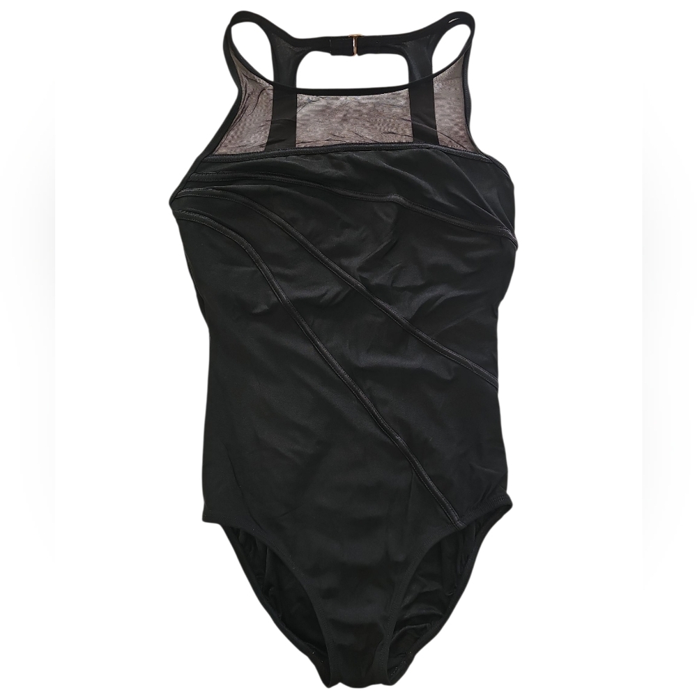Black High Neck One-Piece Swimsuit with Mesh Detail